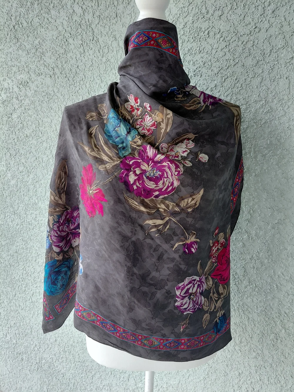 Vintage Liz Claiborne Floral Silk  Scarf Gray Pink Blue Oversized Wrap